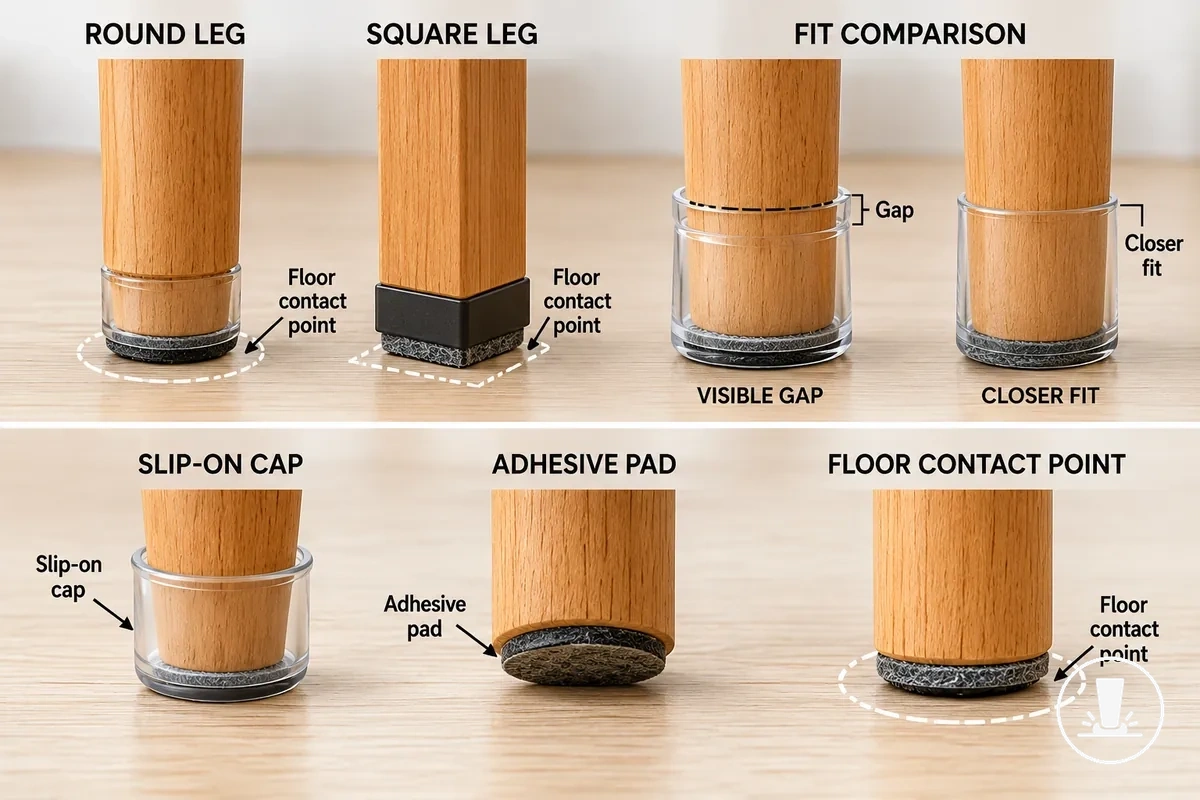 Annotated furniture legs showing pad and cap fit on round and square chair legs