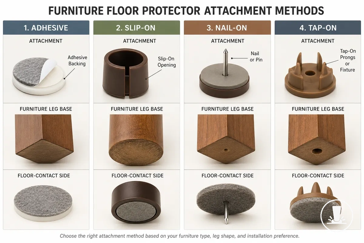 Adhesive, slip-on, nail-on, and tap-on furniture protector methods shown side by side