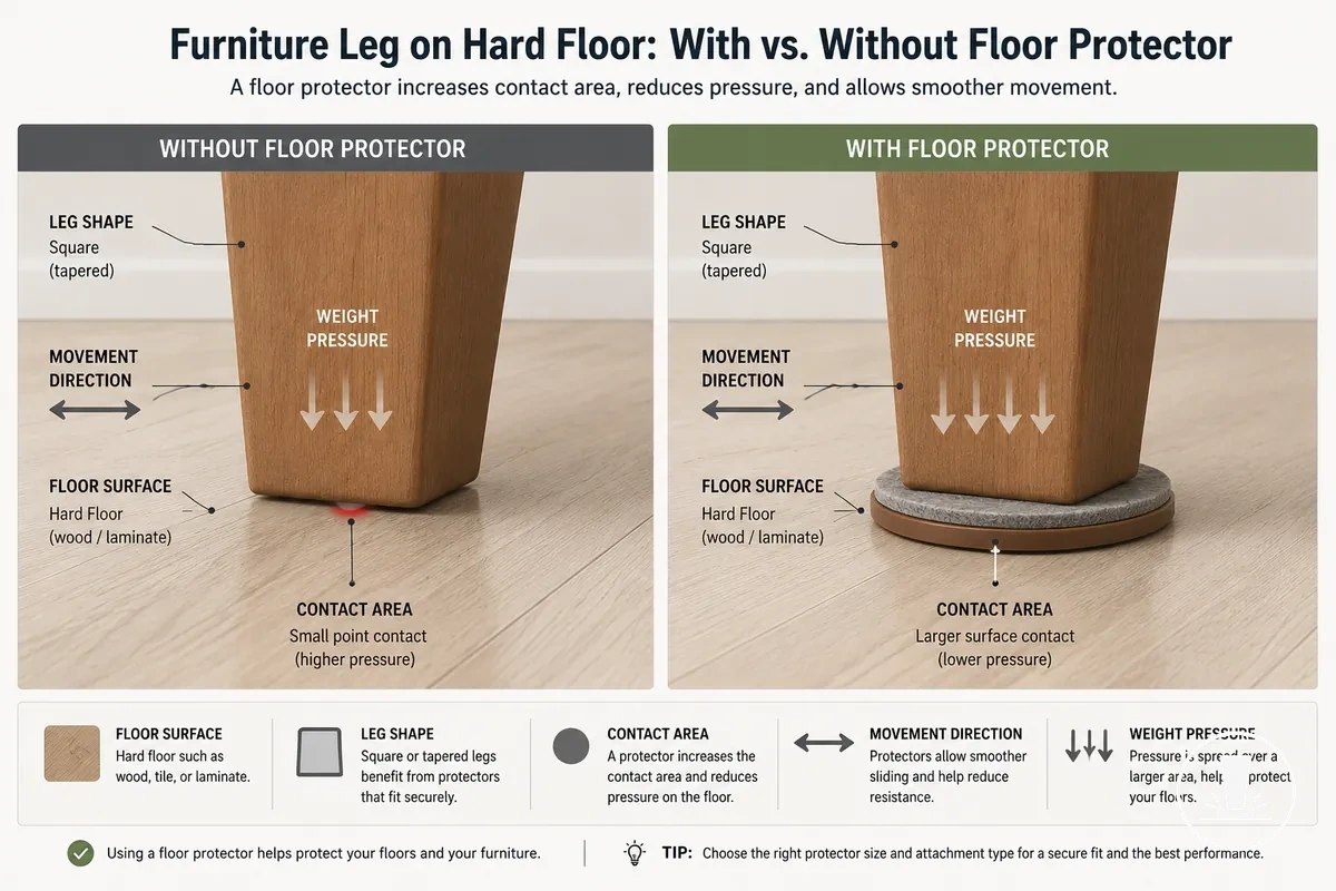 Annotated furniture leg and floor protector showing floor surface, contact area, movement, and fit factors