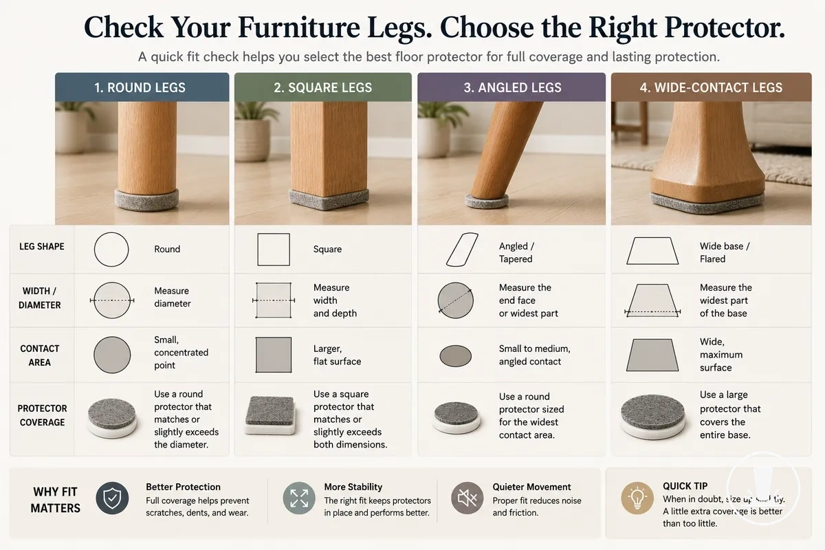 Checking furniture leg shape size and contact area before selecting a protector