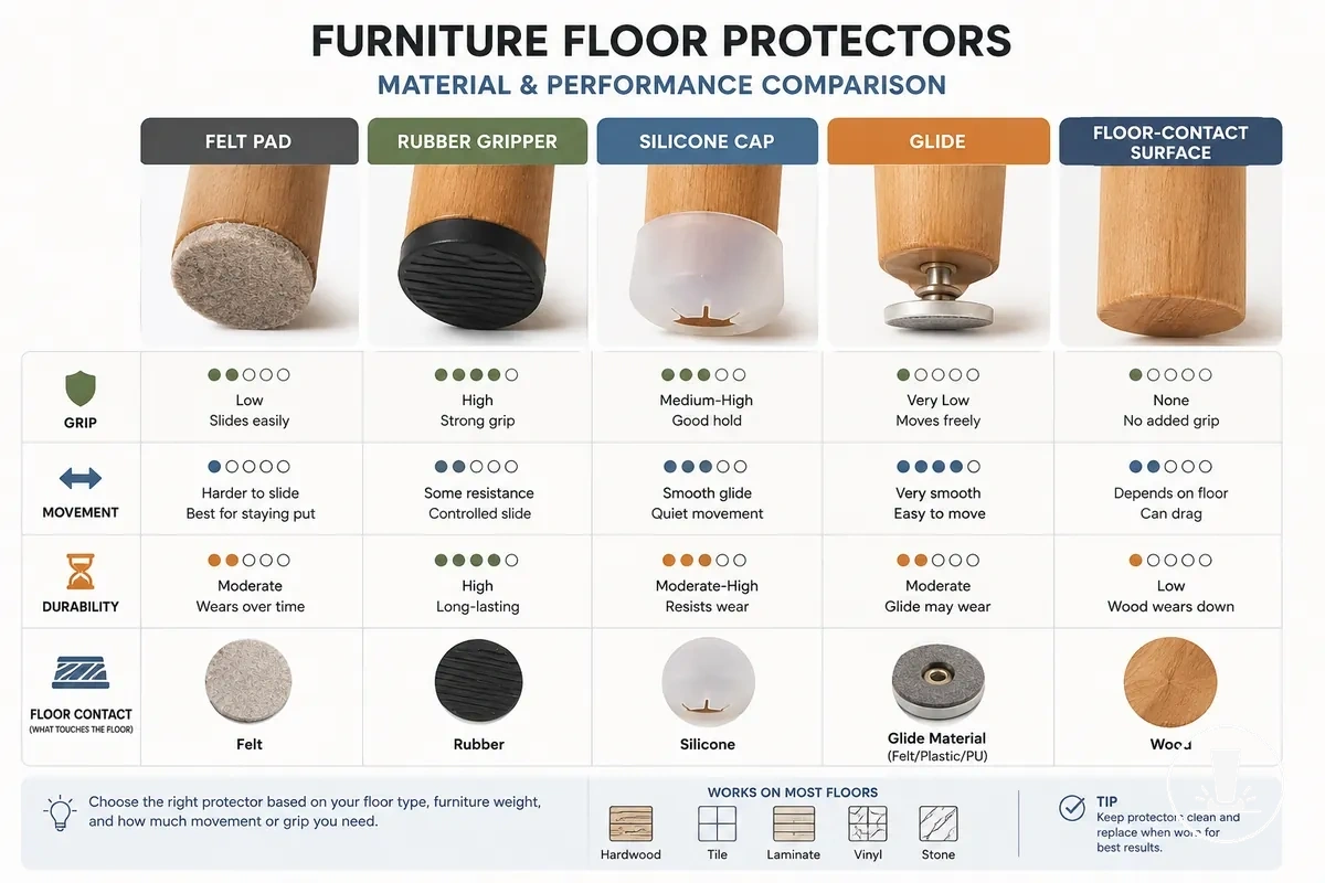 Comparison of felt pads, rubber grippers, silicone caps, and glides showing grip, movement, durability, and floor-contact differences