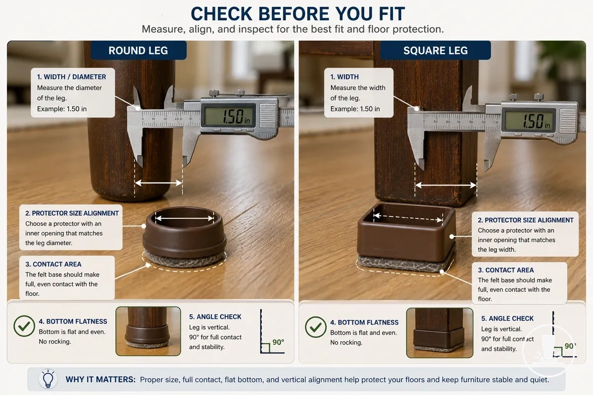 Furniture leg size and shape being checked before fitting a floor protector