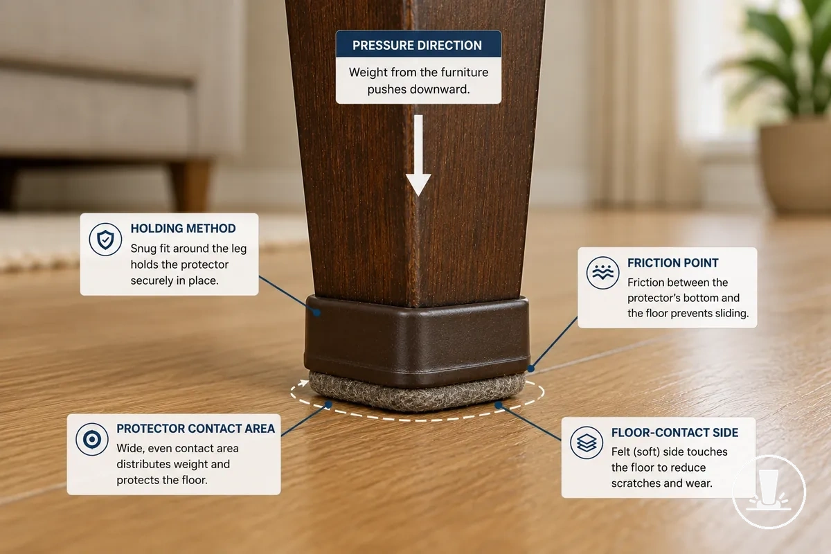 Diagram showing how a furniture floor protector stays attached through contact area, pressure, and fit