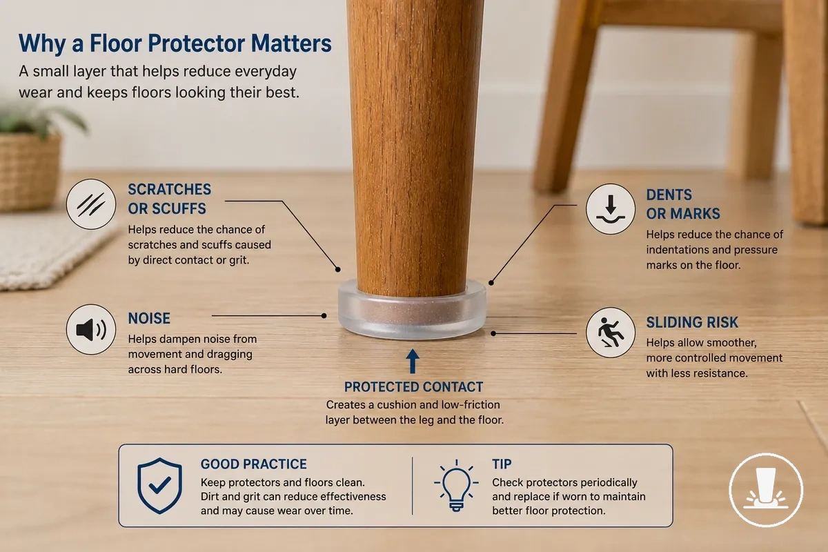 Furniture floor protector under a chair leg with labels for scratches, dents, noise, and sliding risk