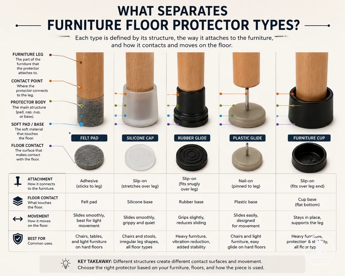 Annotated furniture floor protector types showing different floor-contact and leg-contact points.