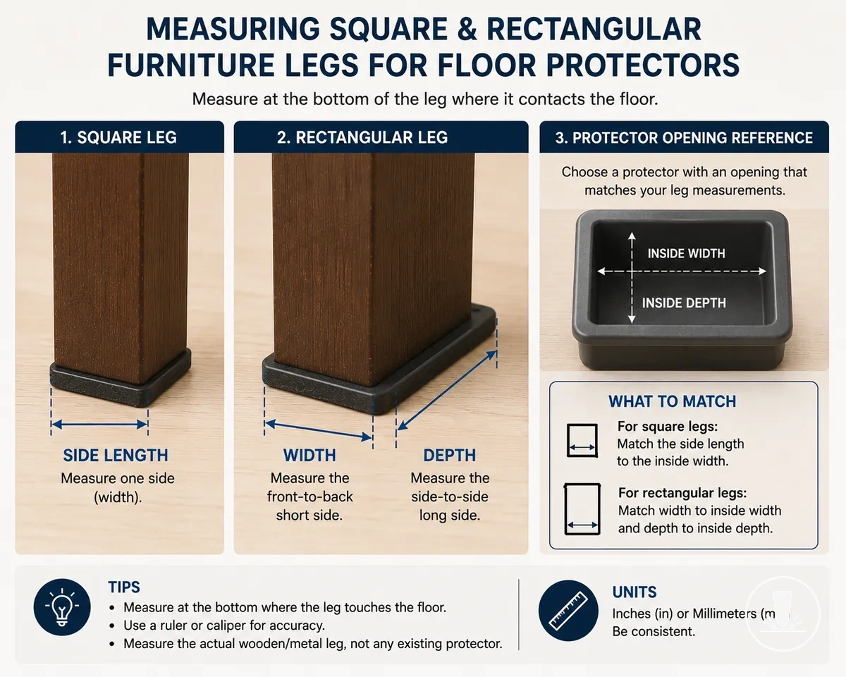Patas de muebles cuadradas y rectangulares etiquetadas con longitud del lado, ancho y profundidad para el dimensionamiento del protector de suelo