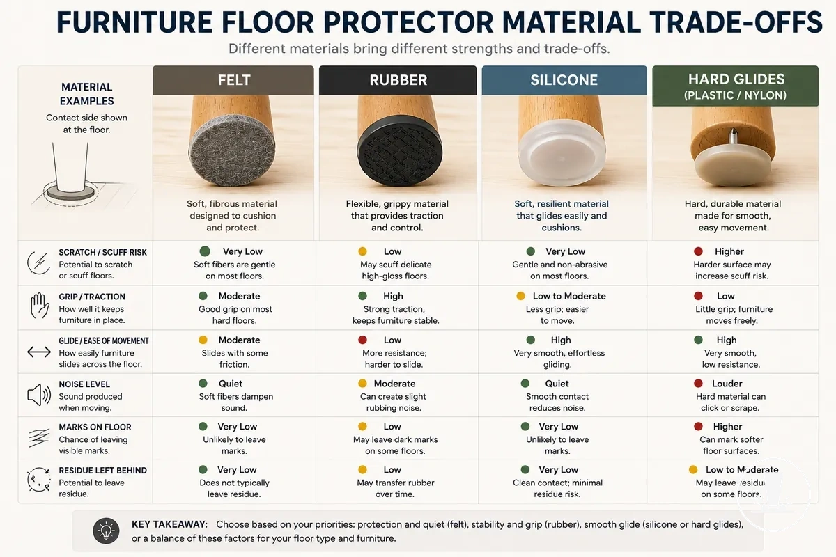 Comparación de las compensaciones de materiales protectores de suelo para muebles en cuanto a agarre, deslizamiento, ruido y marcas