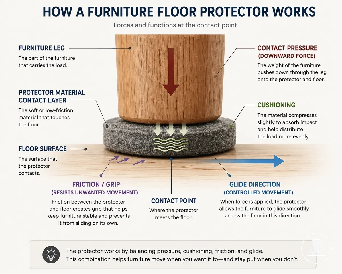 Contacto de la pata de un mueble a través de una capa de material protector sobre una superficie de suelo