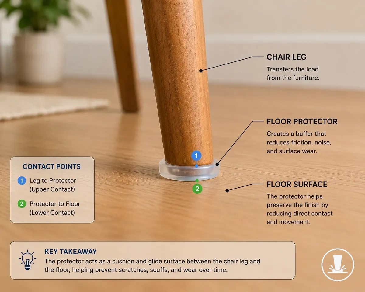 Protector de suelo para muebles mostrado entre la pata de una silla y la superficie del suelo