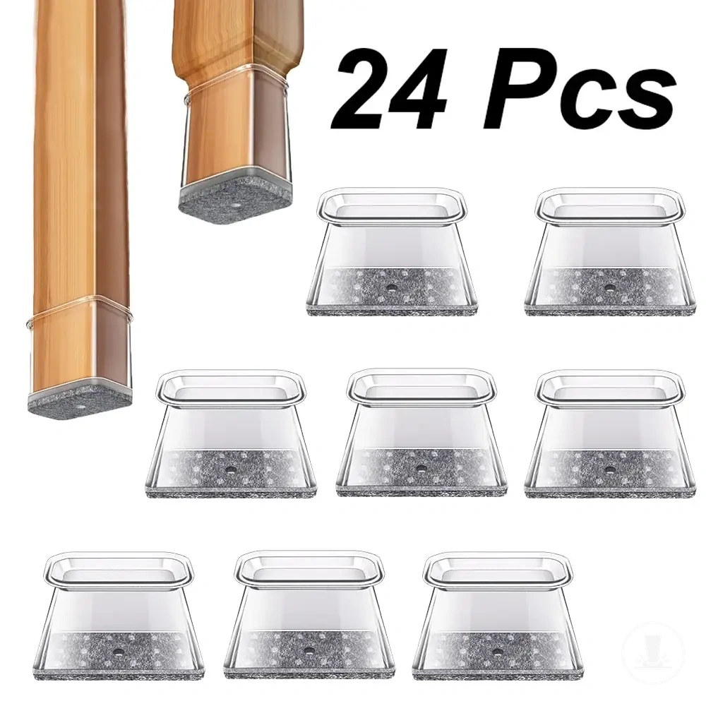 Protections rectangulaires en silicone pour pieds de chaise sur sols en bois.