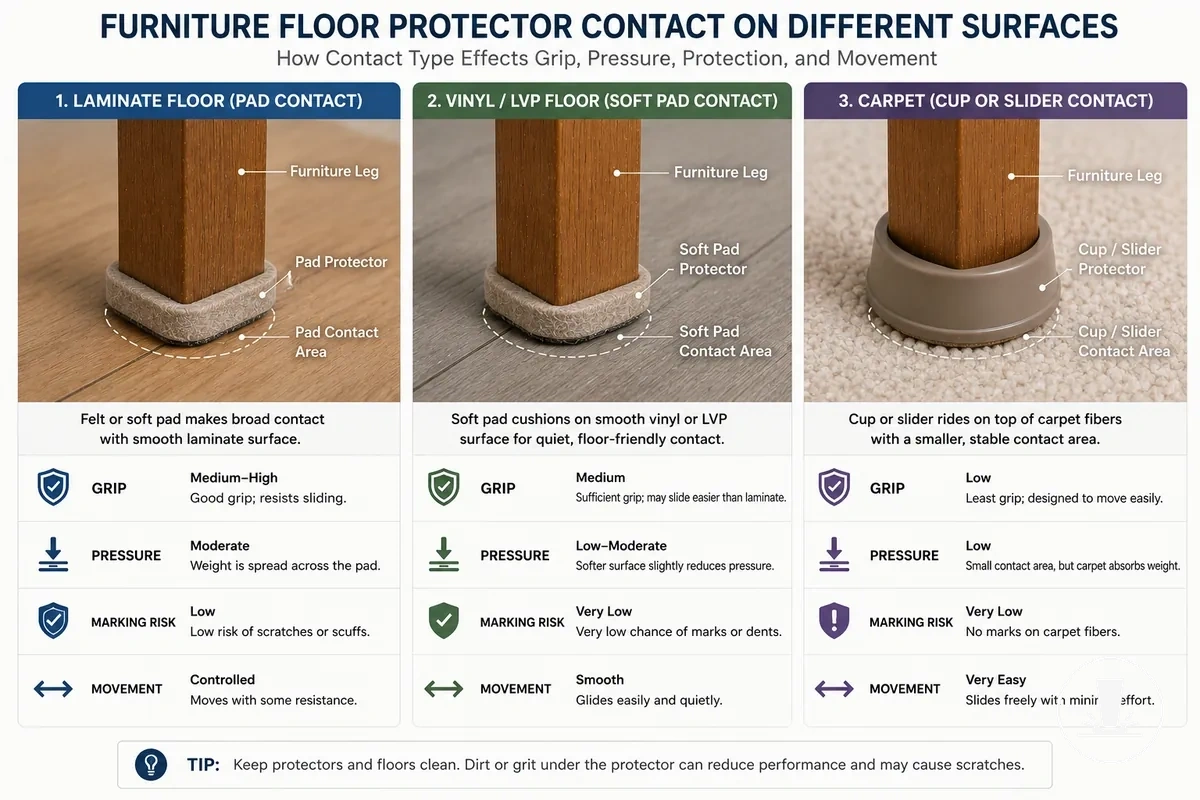 Comparaison du contact des protections de sol pour meubles sur les surfaces stratifiées, en vinyle et en moquette