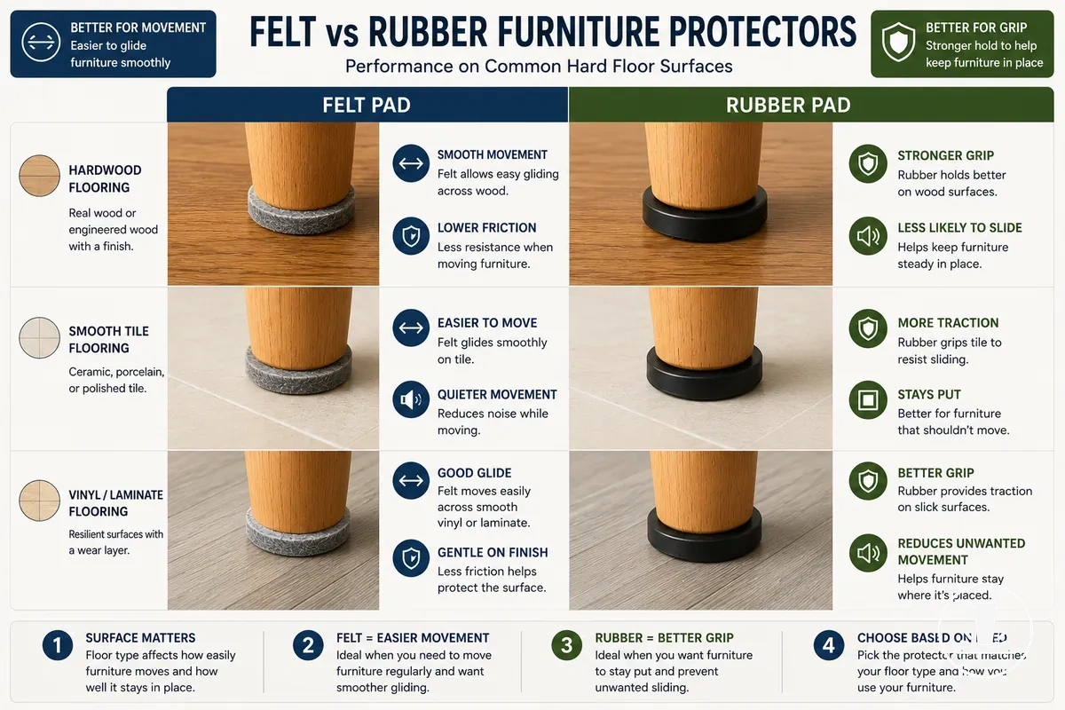 Protections en feutre et en caoutchouc comparées sur différentes surfaces de sols durs.