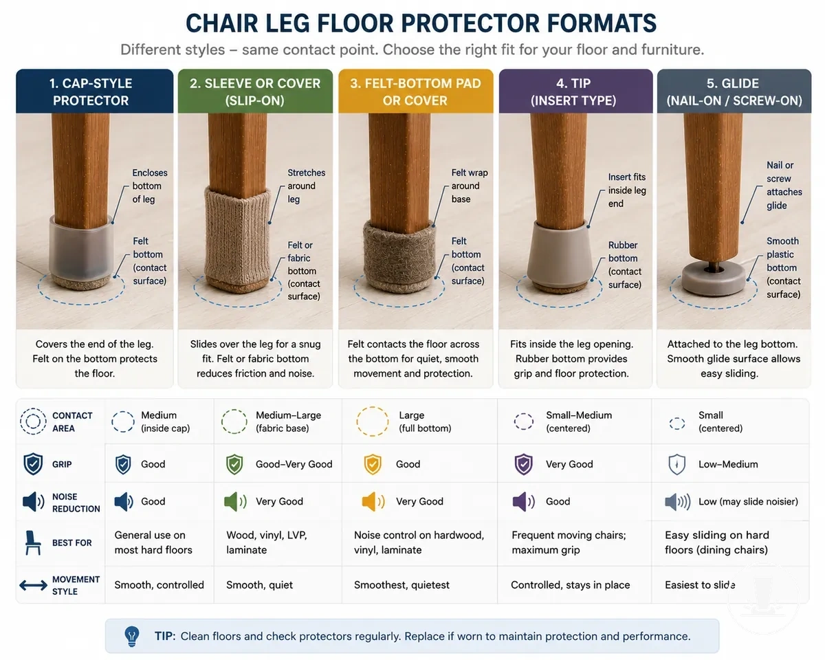 capuchons, housses, patins, embouts et glissières pour pieds de chaise présentés par mode de fixation