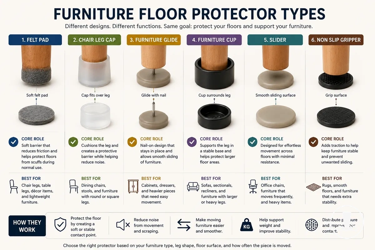Principaux types de protections de sol pour meubles présentés côte à côte avec patins, embouts, glisseurs, coupelles, plaques de déplacement et antidérapants.