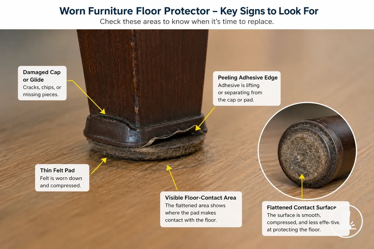 Usure visible sur les protections de sol pour meubles, incluant un feutre fin et des surfaces de contact endommagées