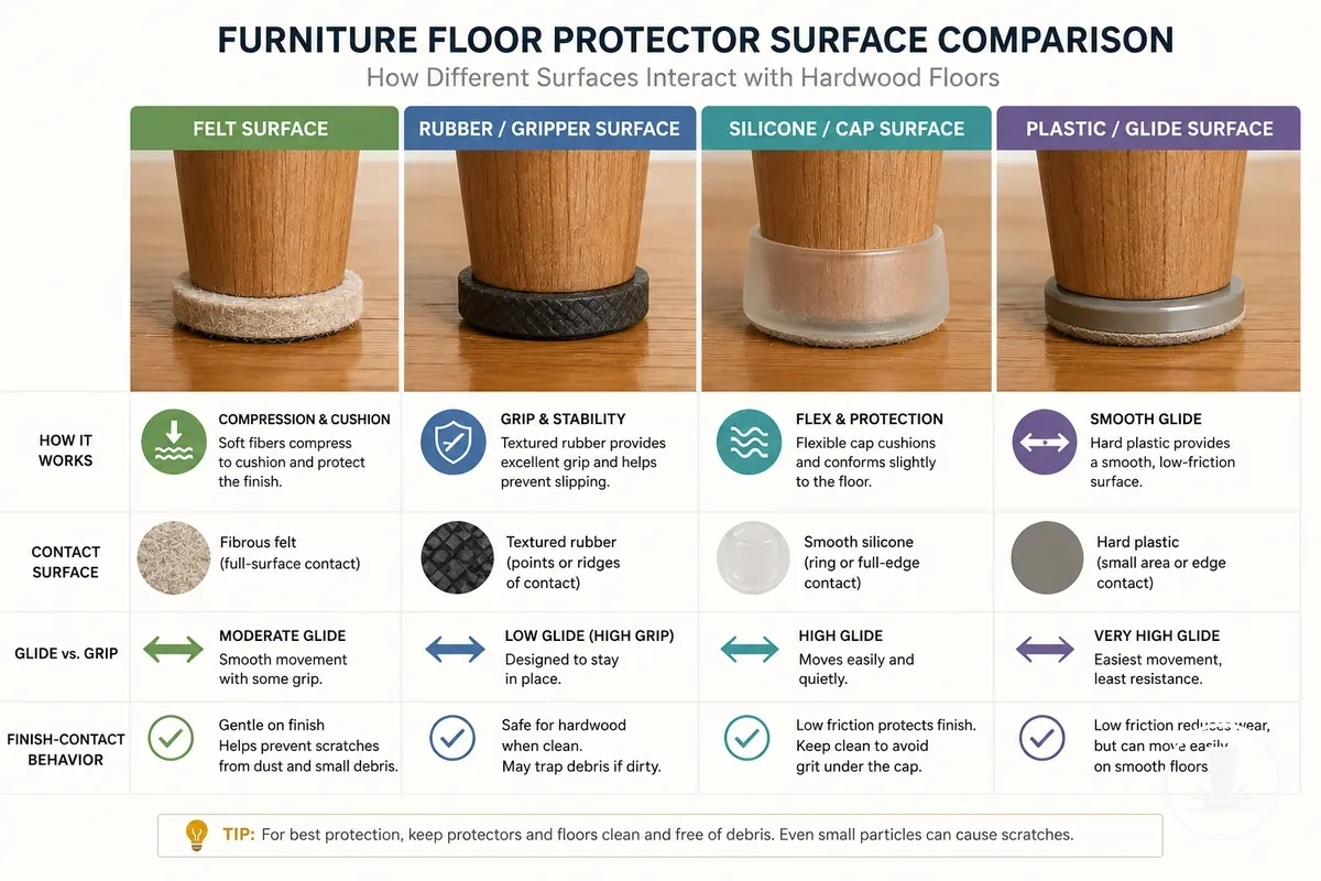 Materiais de protetores de piso para móveis em feltro, borracha, silicone e plástico mostrados para compatibilidade com piso de madeira